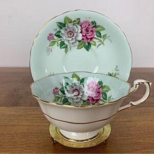 Paragon Teacup Saucer Set Mint Green Red White Roses Single Warrant Bone China